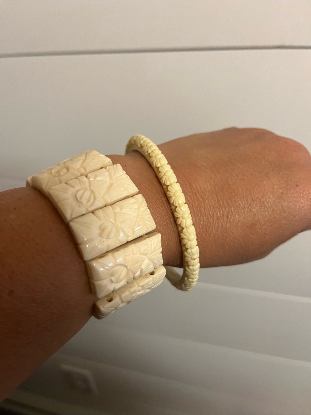 VTG Cream Carved Bone and celluloid Floral Bracelet lot  - Women's Jewelry boho